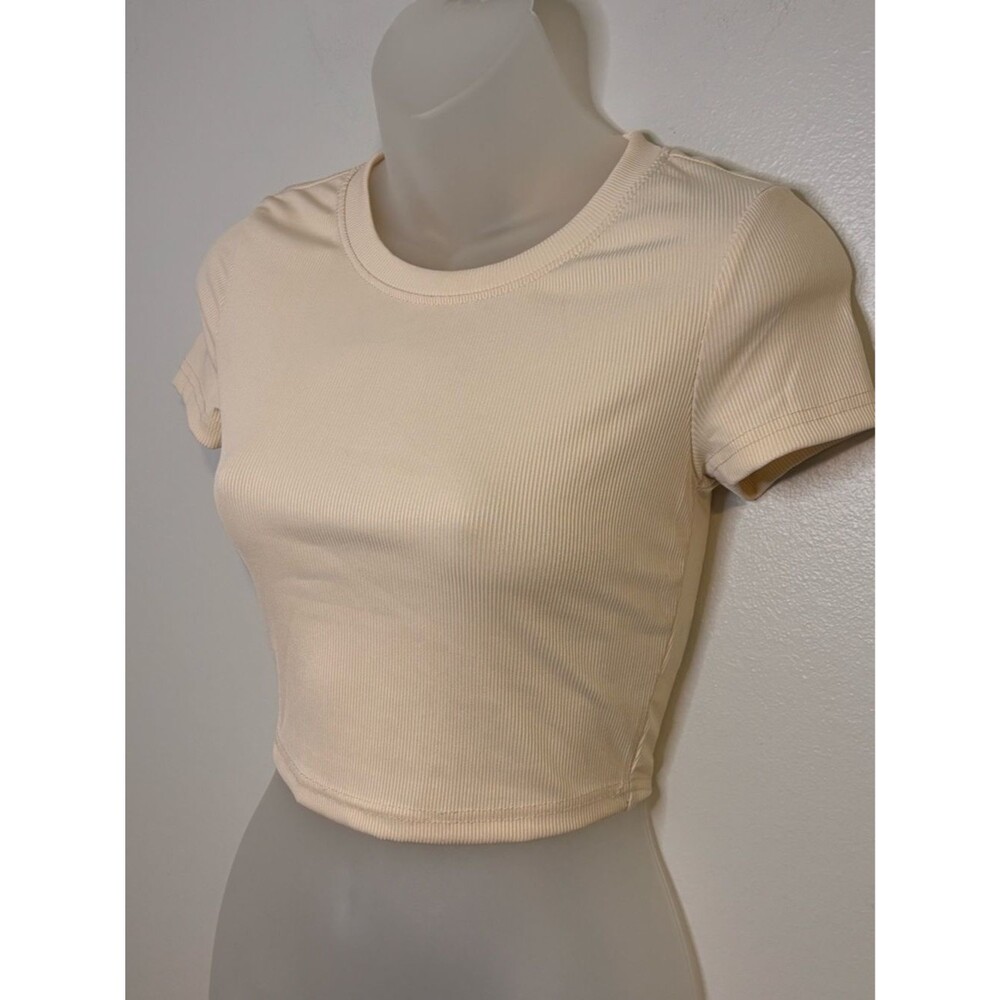 SHEIN Cream Ribbed Short Sleeve Crop Top Size Small